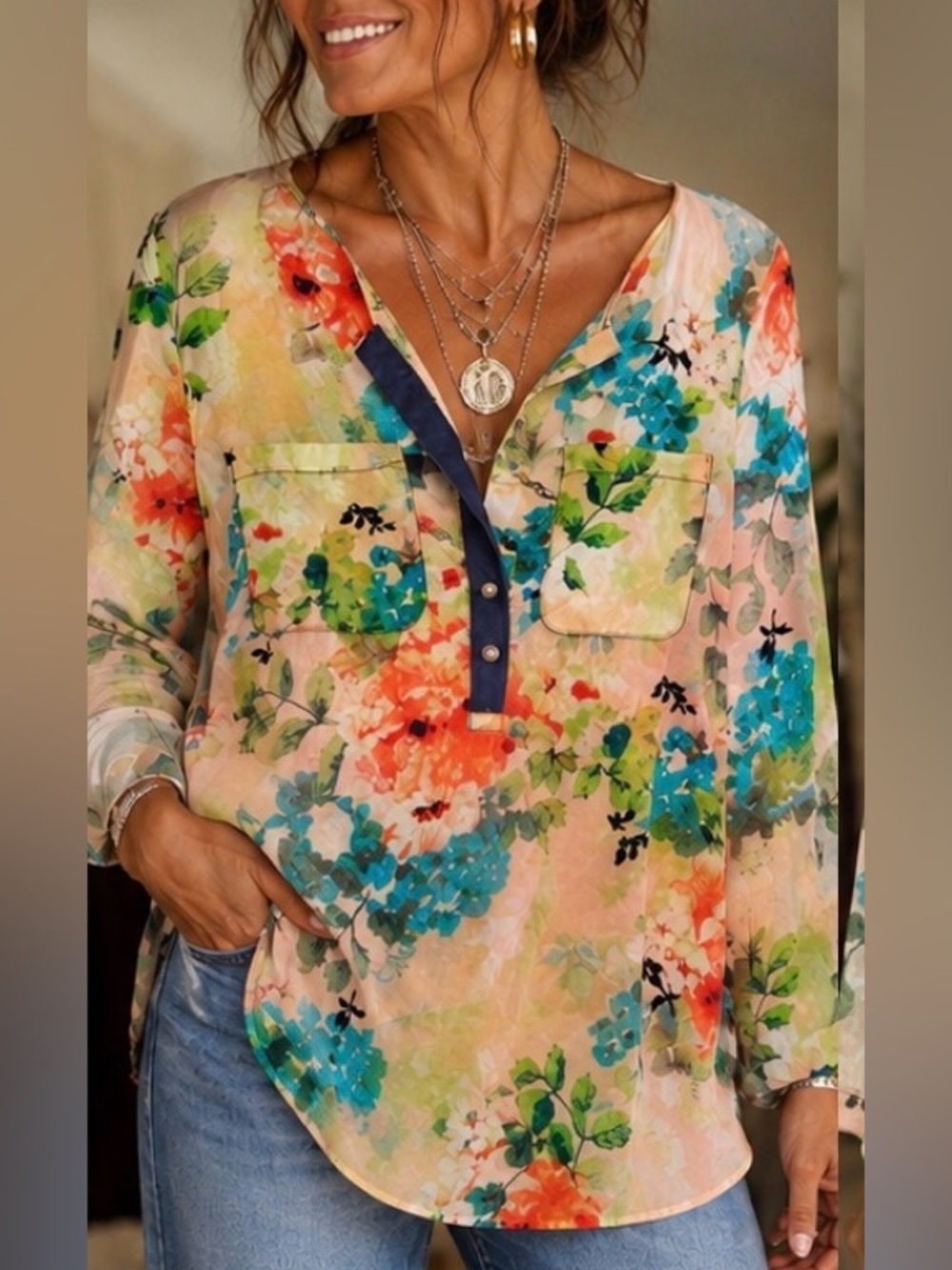 Aratta Silent Journey Floral and Plaid Tunic Blouse EUC